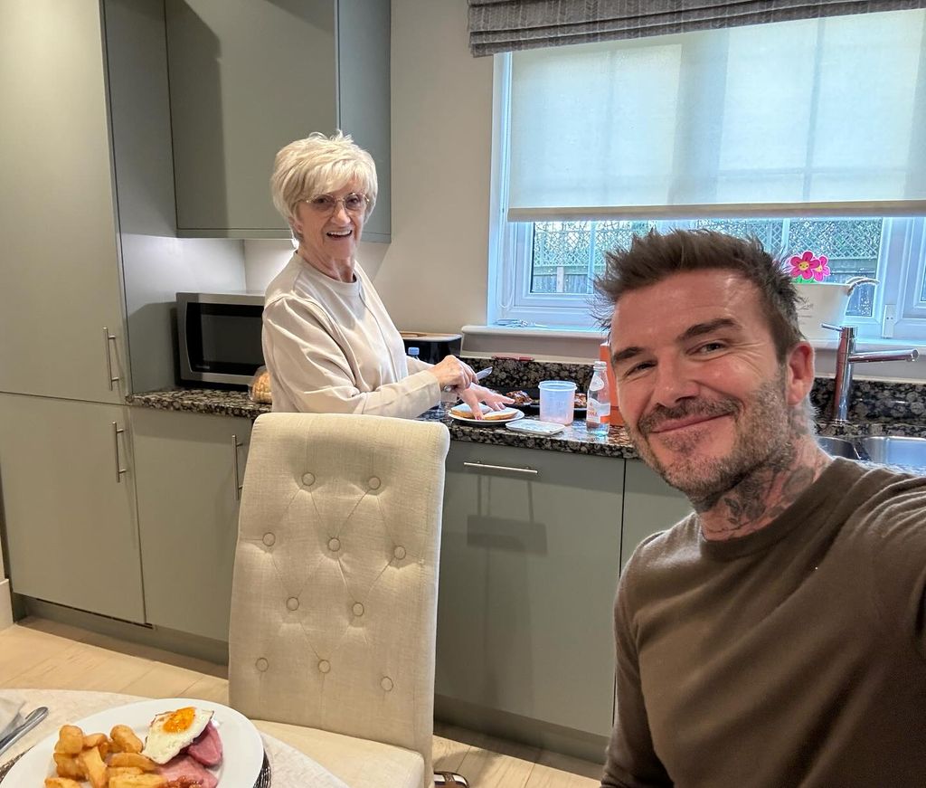 David Beckham having gammon eggs and chips with mum Sandra