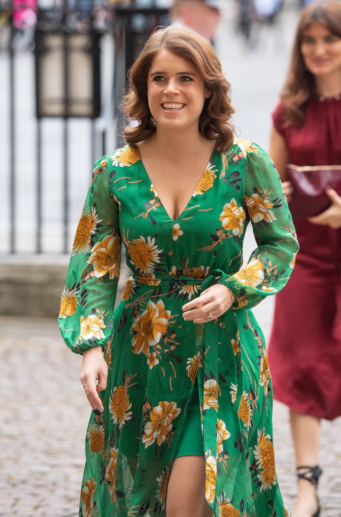 Princess Eugenie walking in green floral dress