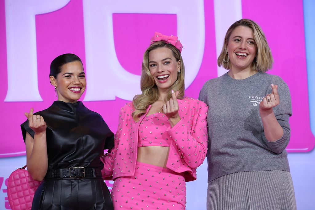 America Ferrera, Margot Robbie and director Greta Gerwig attend a press conference for "Barbie" on July 03, 2023 in Seoul, South Korea