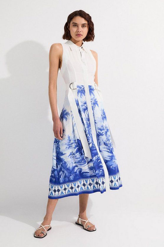 Viscose Linen Scenic Print dengan Gaun Midi Tengkorak Tusuk Top