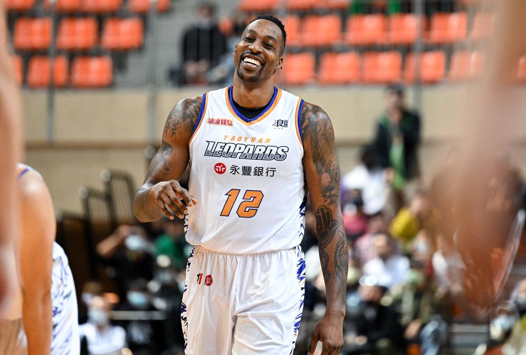 Center Dwight Howard #12 of the Taoyuan Leopards reacts at the court during the T1 League game between TaiwanBeer HeroBears and Taoyuan Leopards at University of Taipei Tianmu Gymnasium on February 19, 2023 in Taipei, Taiwan