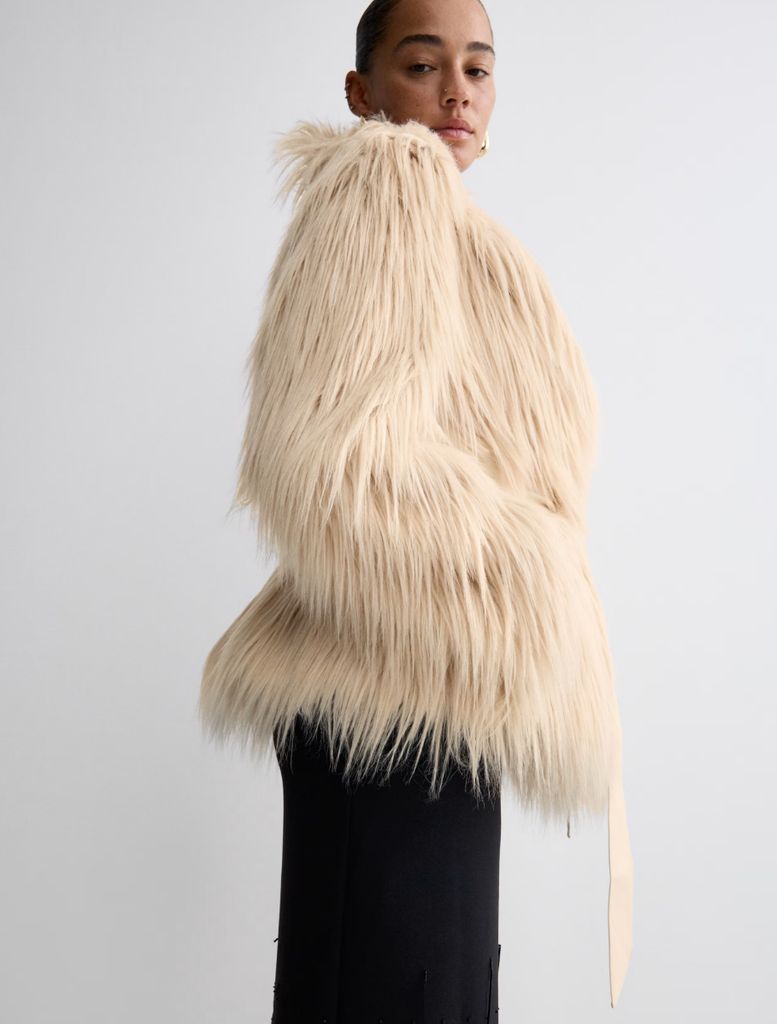 Faux Fur Belted Collared Relaxed Jacket from Marks and Spencer January sale