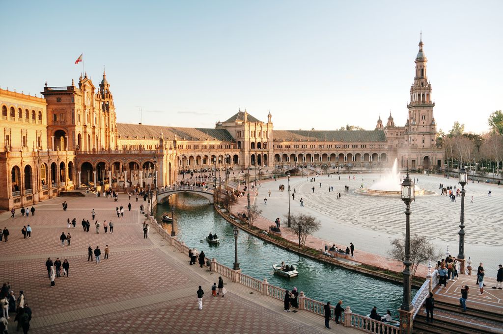 Plaza de EspaÃ±a in Seville, Spain, with beautiful sunset light