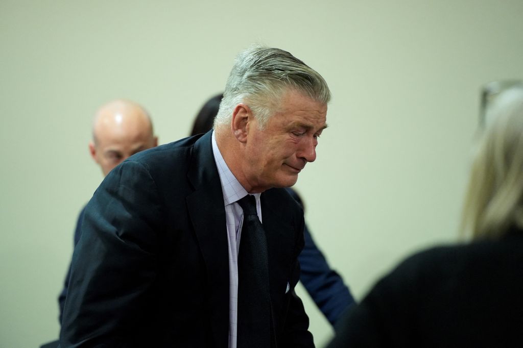 Actor Alec Baldwin reacts during his trial on involuntary manslaughter