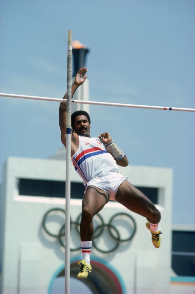 Daley Thompson competing in a pole vault during a decathlon