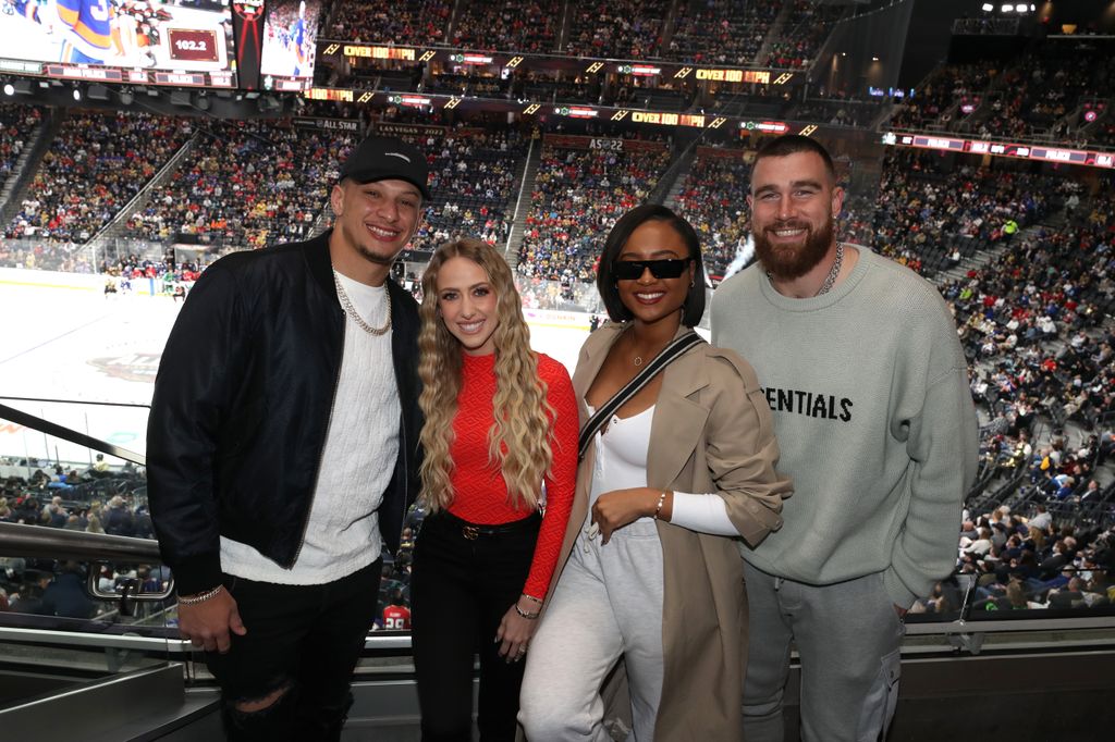 Patrick and Brittany Mahomes with Kayla Nicole and Travis Kelce at the 2022 NHL All-Star Skills as part of the 2022 NHL All-Star Weekend on February 04, 2022 in Las Vegas, Nevada. (Photo by Chase Agnello-Dean/NHLI via Getty Images)