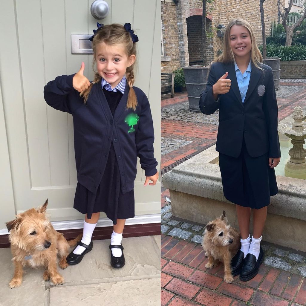 Girl posing in school uniform with thumbs up