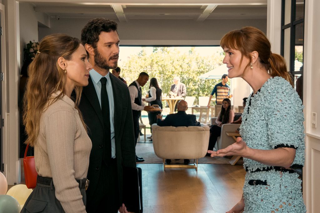 Kristen Bell as Joanne, Adam Brody as Noah, Leighton Meester as Abby in episode 205 of Nobody Wants This.