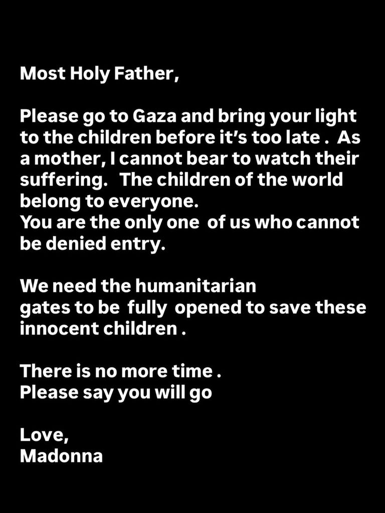 Madonna shares a statement calling for support for those affected by war in Gaza on Instagram