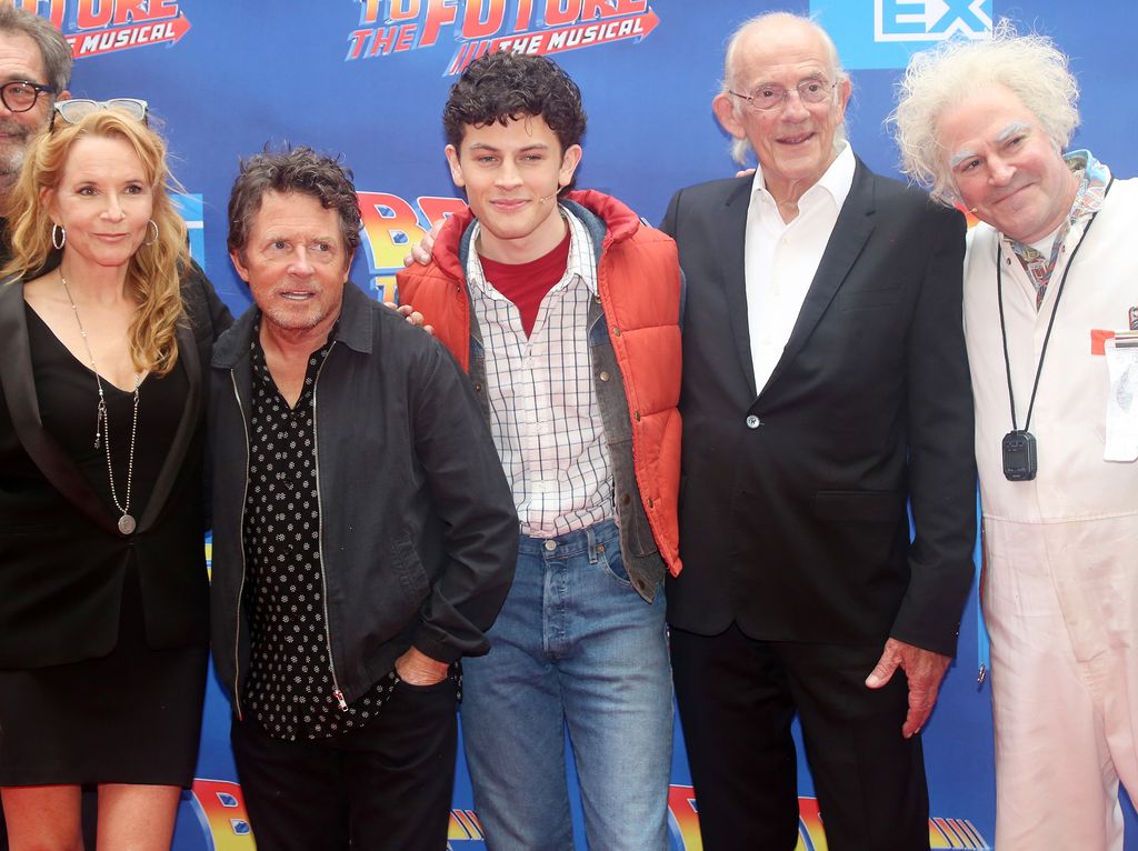 Lea Thompson, Michael J. Fox, Casey Likes, Christopher Lloyd and Roger Bart pose at the Michael J. Fox Foundation opening night gala performance "Back to the Future: The Musical" at The Winter Garden Theatre on July 25, 2023 in New York City