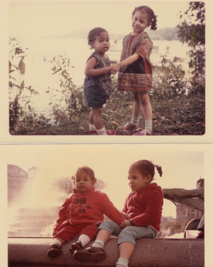 Two picture of Kamala Harris as a young girl holding hands with her sister Maya