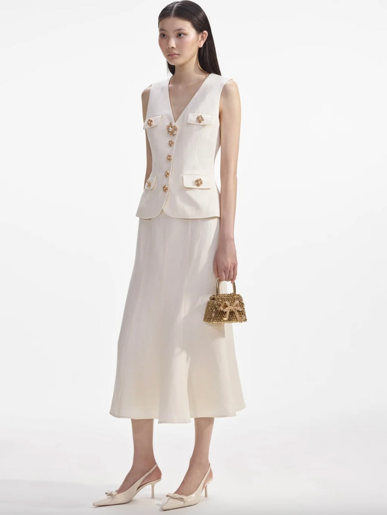 Self Portrait - Cream Linen Midi Dress