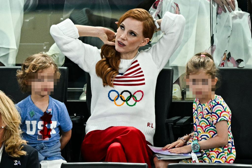 Jessica Chastain attends the artistic gymnastics women's qualification during the Paris 2024 Olympic Games at the Bercy Arena in Paris, on July 28, 2024