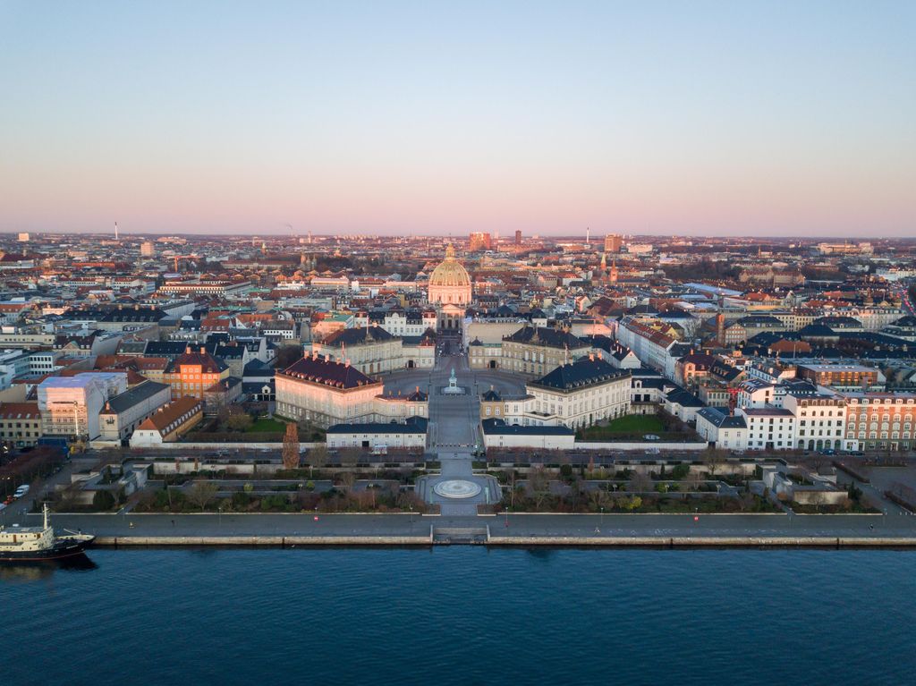 Aerial drone view of Amalienborg Palace and the Marble Church