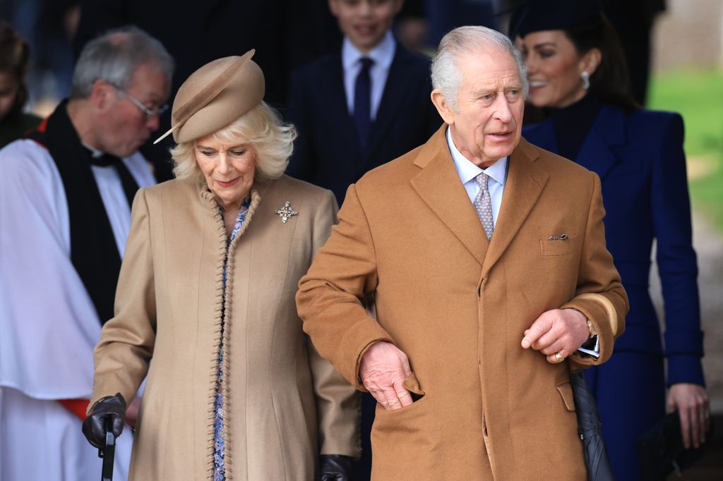 : King Charles III and Queen Camilla attend the Christmas Morning Service at Sandringham Church on December 25, 2023 in Sandringham, Norfolk