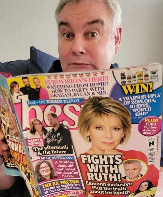 eamonn holmes reading copy of best magazine with ruth langsford on cover