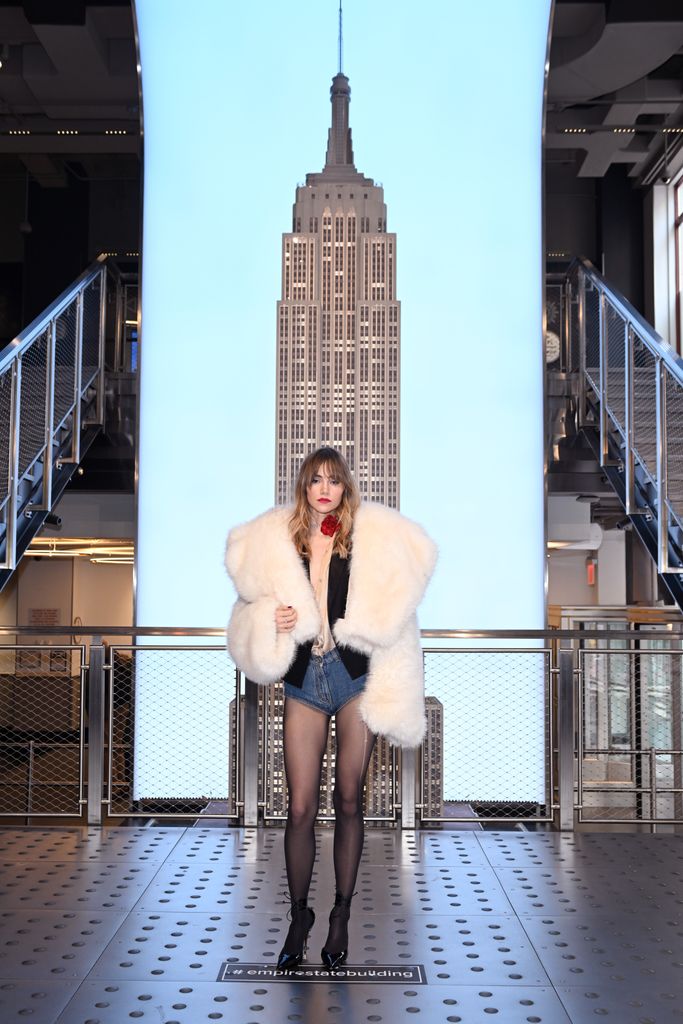 Suki Waterhouse attends as the cast of Daisy Jones & The Six visits The Empire State Building ahead of its upcoming premiere at The Empire State Building on February 27, 2023 in New York City. (Photo by Noam Galai/Getty Images for Empire State Realty Trust)