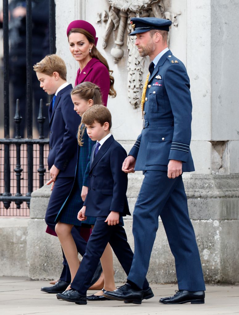 Catherine, Prince George, Princess Charlotte, Prince Louis and Prince William, Prince of Wales depart Buckingham Palace in smart dress