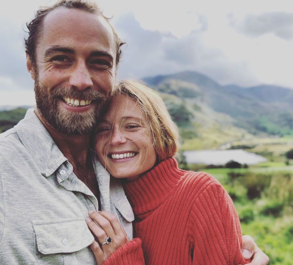 Alizee Thevent in a red jumper as she rests her hand on James Middleton's chest and shows off engagement ring