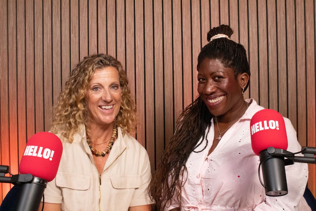 Sally Gunnell and Ateh Jewel in a podcast studio with HELLO! microphones 