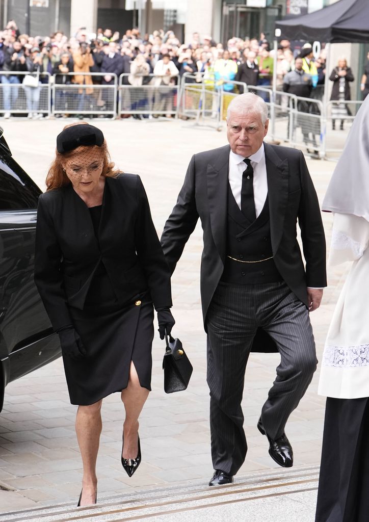 Sarah, Duchess of York and Prince Andrew, Duke of York arrive for the Requiem Mass service for Katharine, Duchess of Kent at Westminster Cathedral 