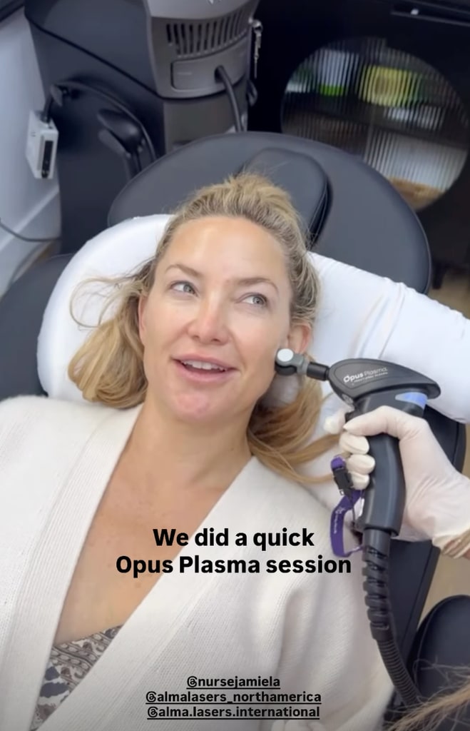 Kate Hudson lying on aesthetic bed have Opus Plasma treatment done