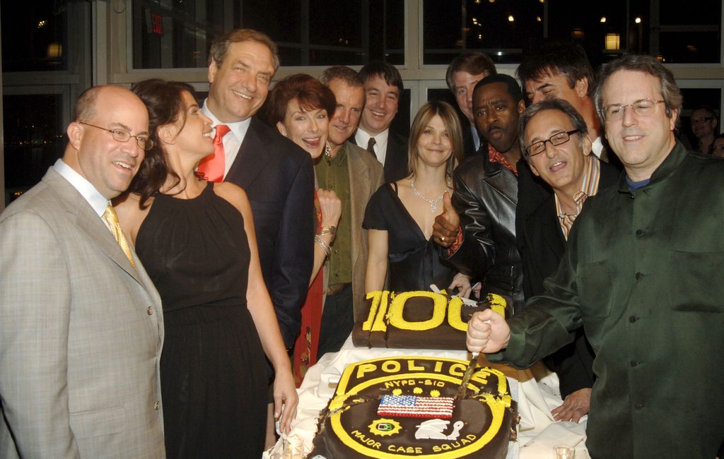 Jeff Zucker, CEO, NBC Universal Television Group, Annabella Sciorra, Dick Wolf, creator of Law and Order, Leslie Hendrix, Jamey Sheridan, Peter Jankowski (Executive Producer), Kathryn Erbe, Courtney B. Vance, Chris Noth, Fred Berner and Rene Balcer, celebrating 100 episodes of Law & Order: Criminal Intent