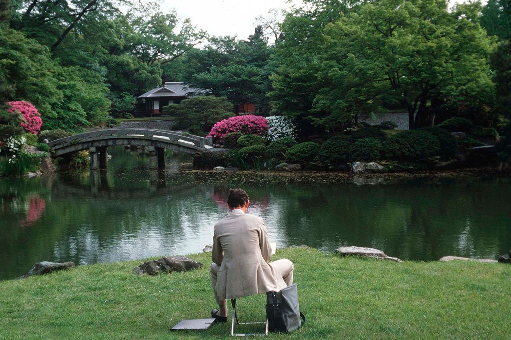 The royal paints a watercolour in The Garden Of The Imperial Palace In Kyoto 
