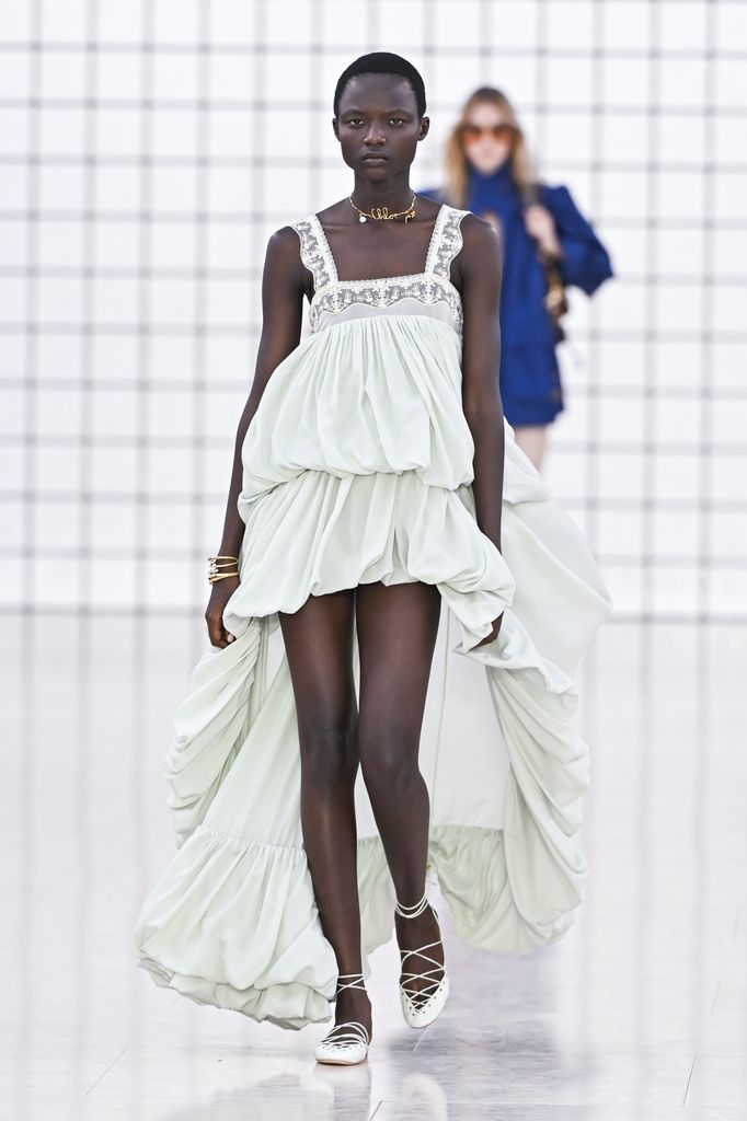 Chloé SS25 model wearing billowing babydoll dress