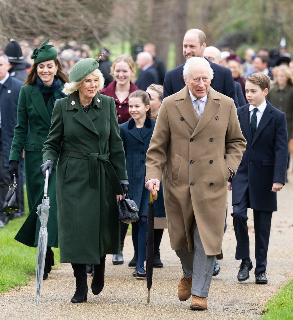 The Princess of Wales, Queen Camilla, Princess Charlotte of Wales, King Charles III, Prince William, and Prince George of Wales attend the Christmas Morning Service at Sandringham Church on December 25, 2024