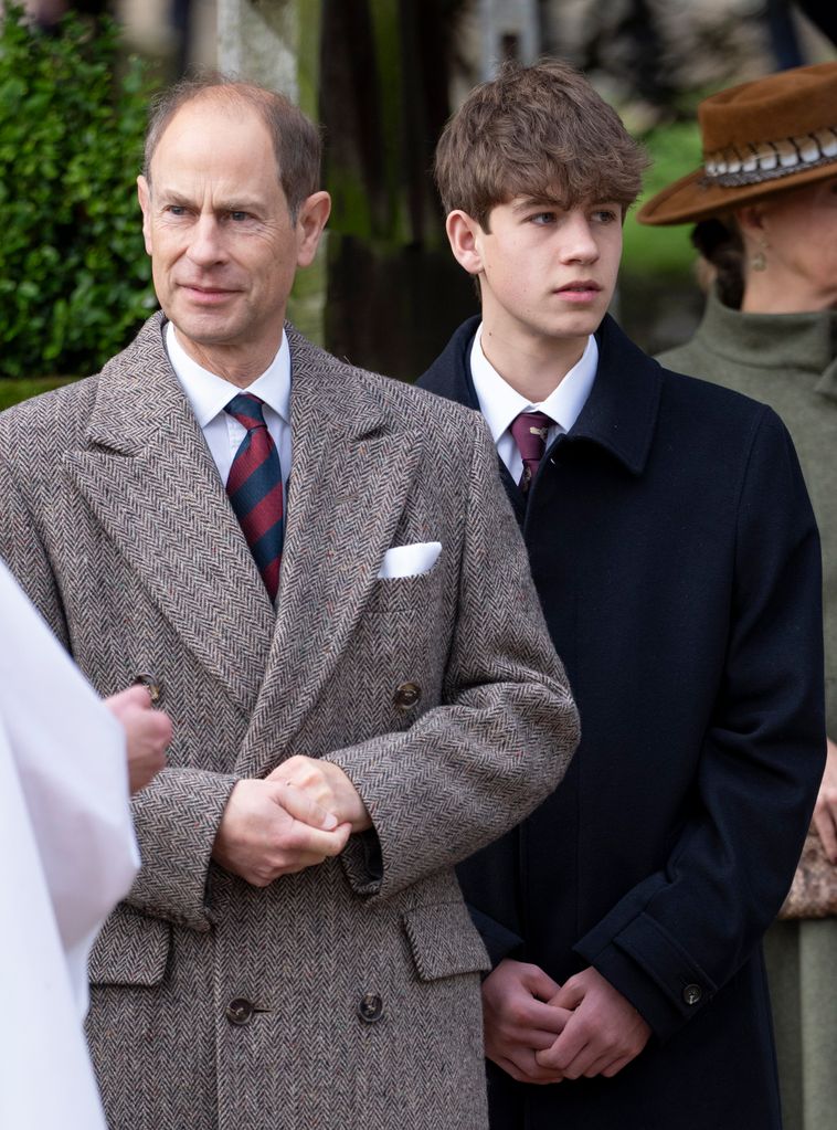 James, Earl of Wessex and Prince Edward, Duke of Edinburgh attend the Christmas Day service at St Mary Magdalene Church on December 25, 2023 in Sandringham, Norfol