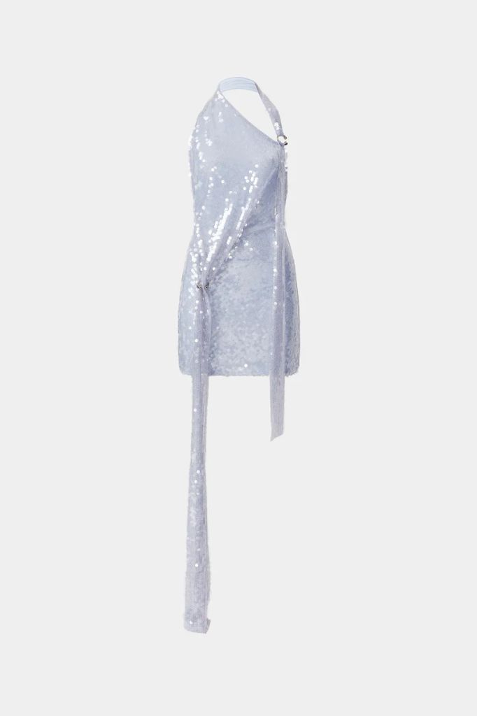 misha sequin blue dress with draping