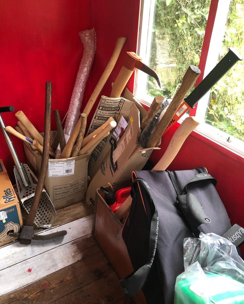 Dawn French's husband's tool collection inside a red room