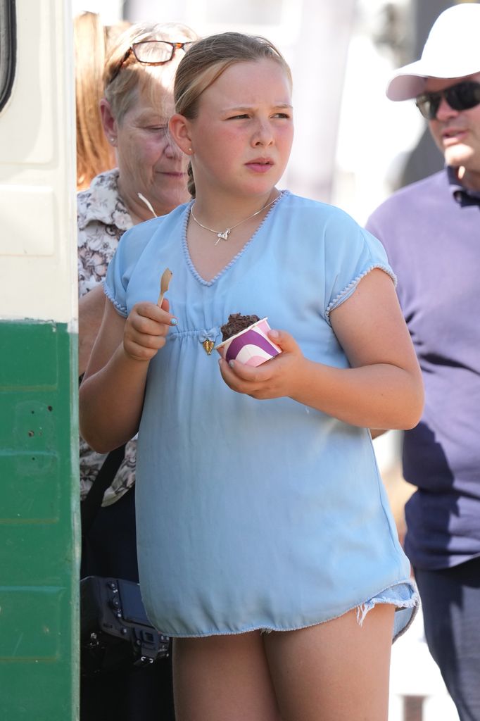 Mia Tindall tucking into a chocolate pudding