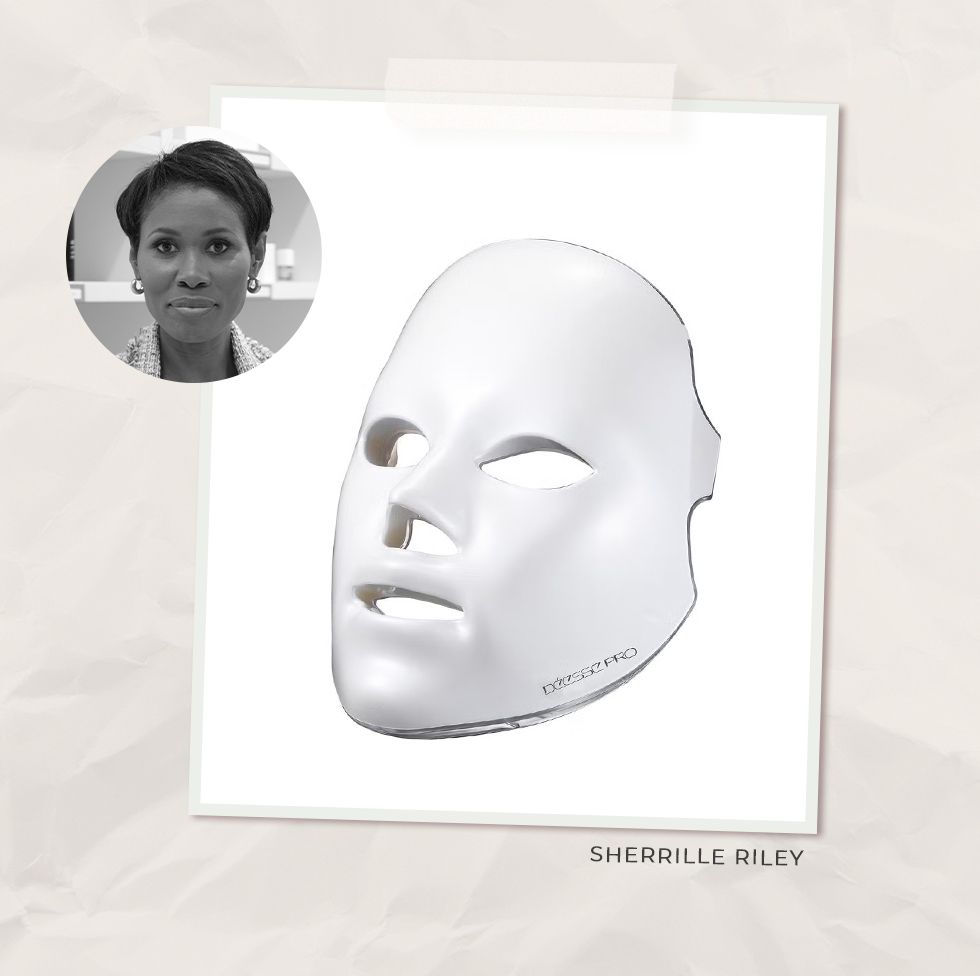 collage of a woman and an led skin mask