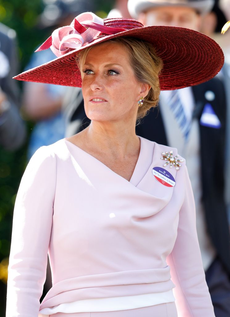 Sophie in pale pink dress with maroon hat