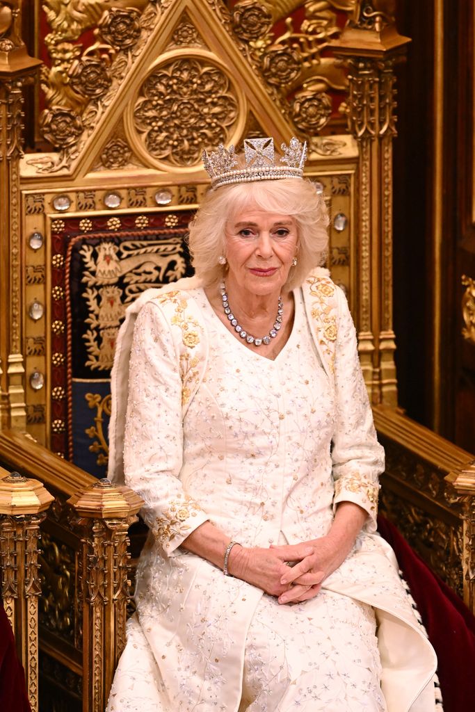 Queen Camilla attends the State Opening of Parliament in the House of Lords Chamber, on November 7, 2023 in London, England. 