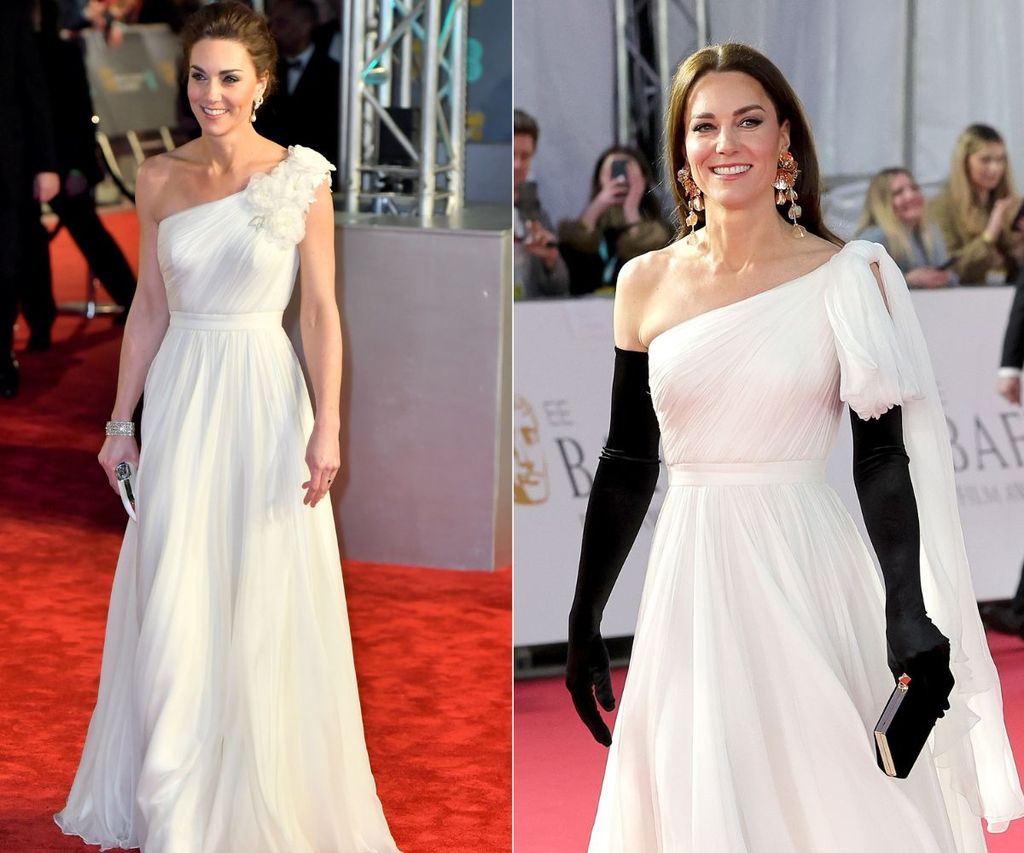 Kate Middleton wears a white one-shoulder dress to the BAFTAs