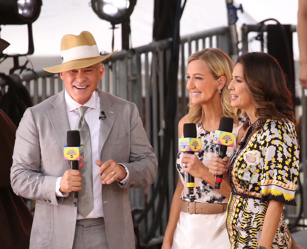 Sam Champion, Lara Spencer, and Cecilia Vega during taping with the cast of Hamilton at "Good Morning America" 2022 Summer Concert Series