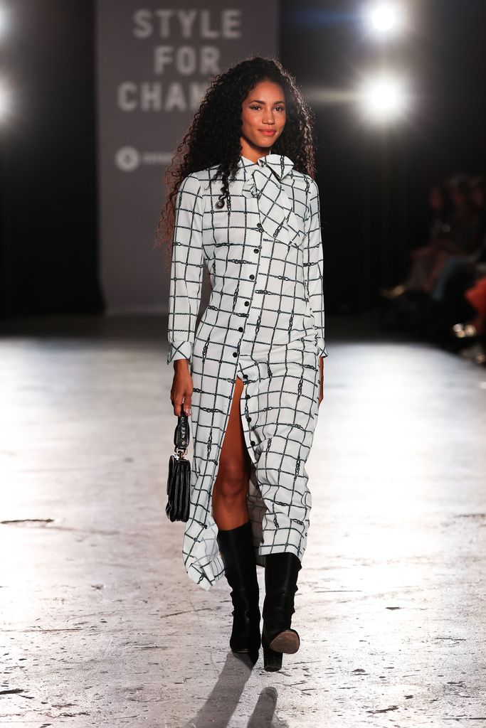  Vick Hope walks the runway at the Oxfam Style For Change show during London Fashion Week September 2024 at Ambika P3 on September 12, 2024 in London, England. (Photo by Hoda Davaine/Dave Benett/Getty Images)