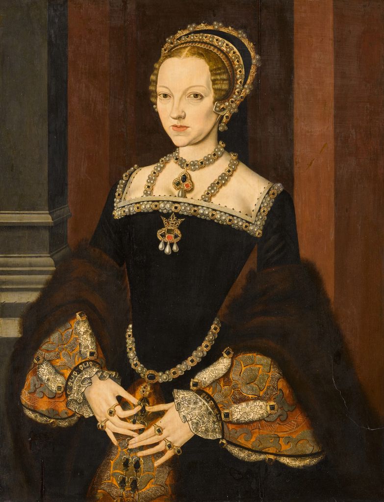 Catherine Parr in a black gown with gold trimmings