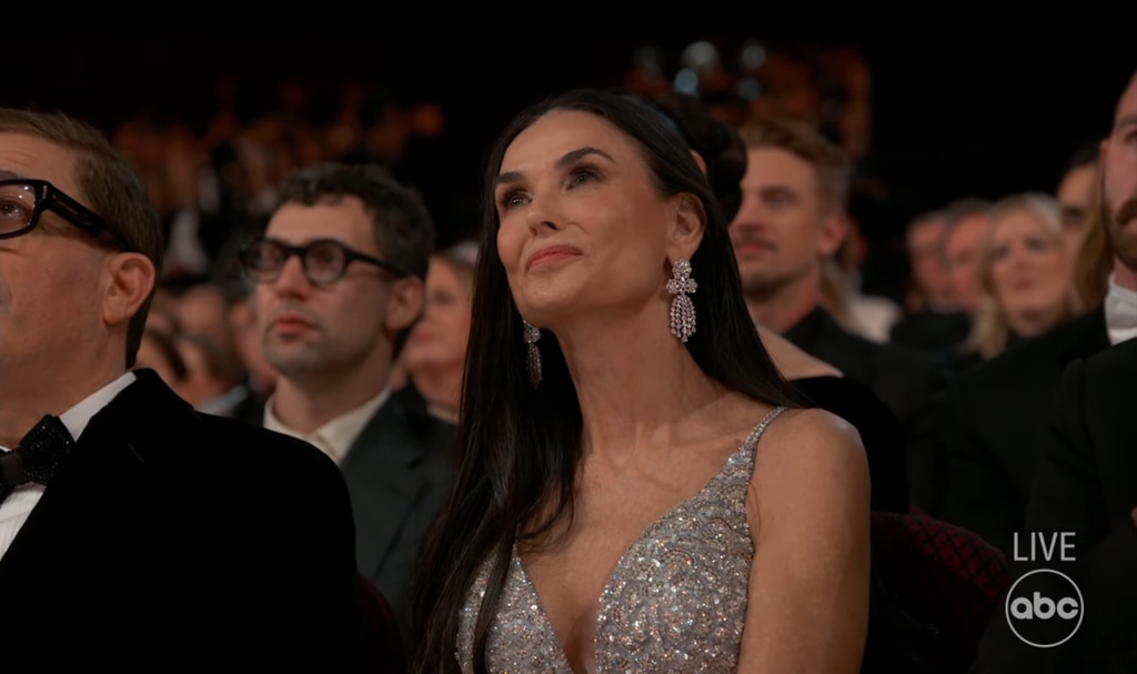 Demi Moore captured in the audience during the 97th Academy Awards as Mikey Madison gives her speech