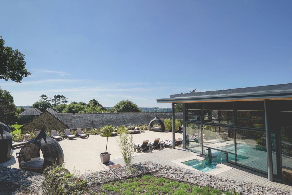 spa garden under blue skies in devon