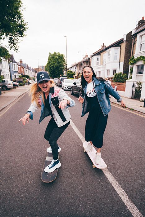 Katya Jones and Aimee Fuller on skateboards