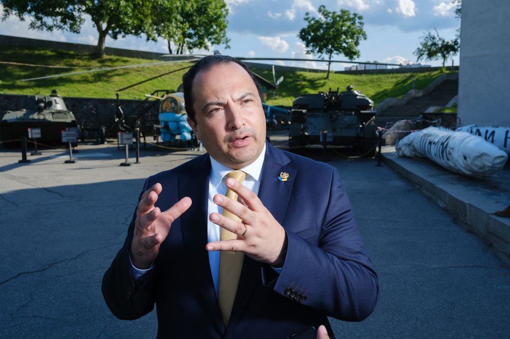 Minister of Foreign Affairs of Guatemala Mario Bucaro talks to the press in the National Museum of the History of Ukraine in the Second World War on July 21, 2023 in Kyiv, Ukraine