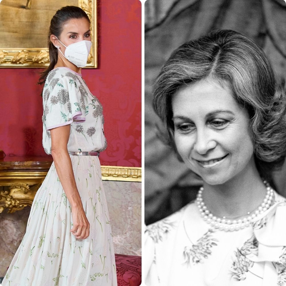 Queen Letizia and Queen Sofia wearing the same floral dress
