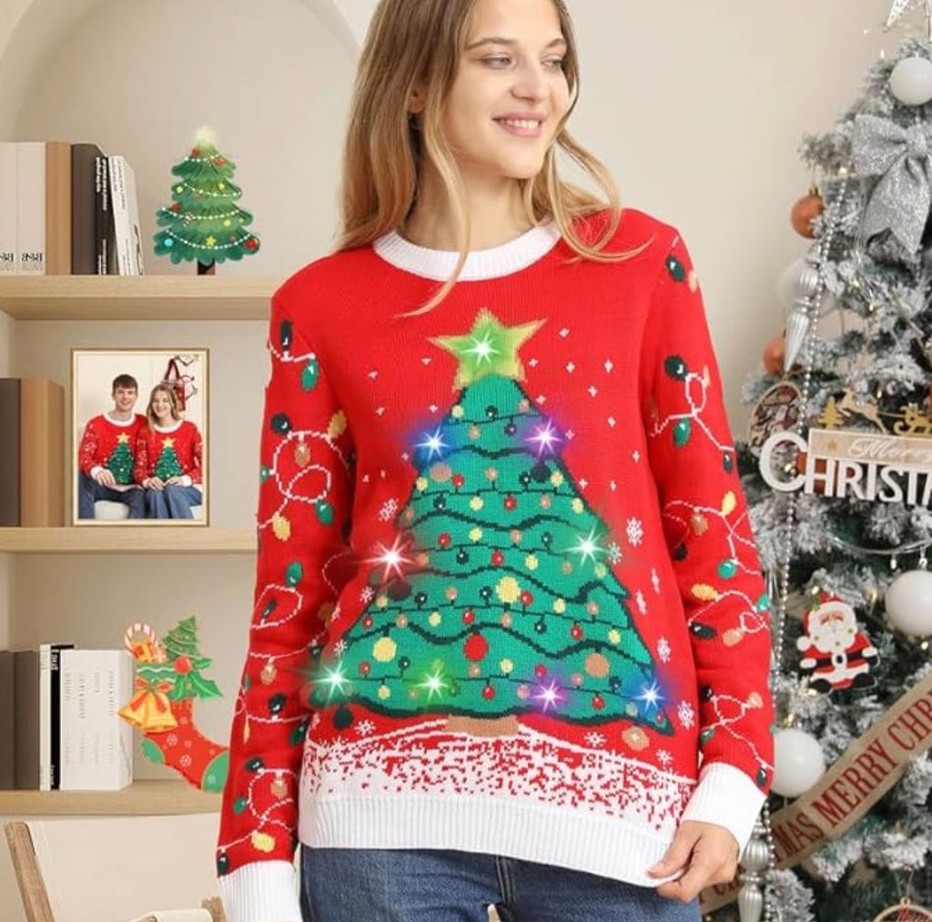 Red Amazon christmas jumper on a woman - light-up christmas tree