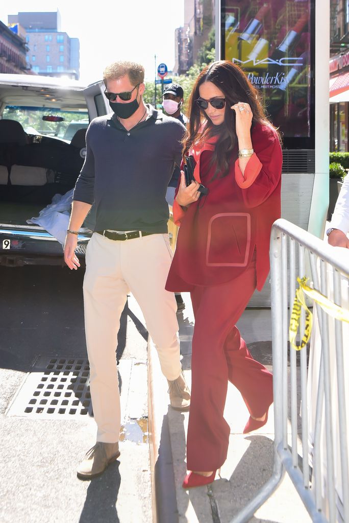 Prince Harry and Meghan Markle seen at Melba's restaurant in Harlem for lunch on September 24, 2021 in New York City. 