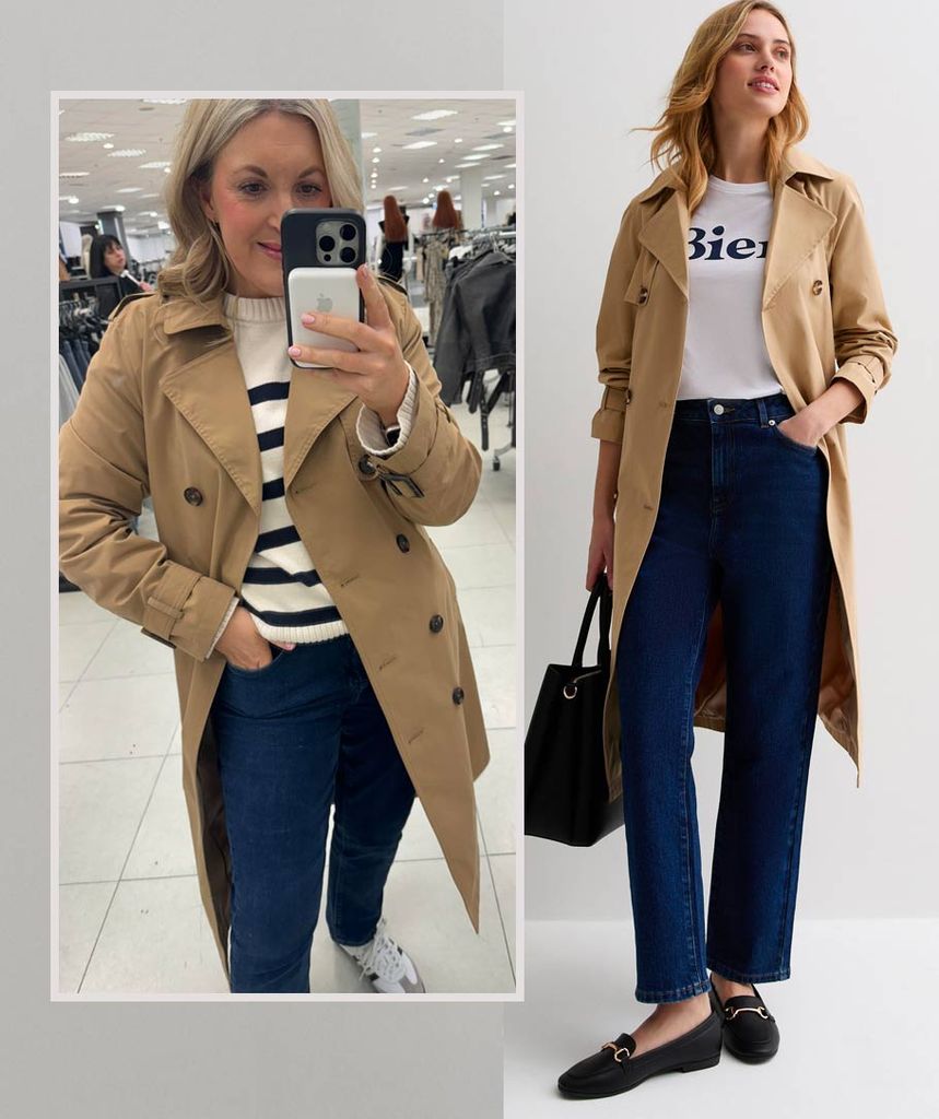 Leanne Bayley wearing the tan trench coat from New Look