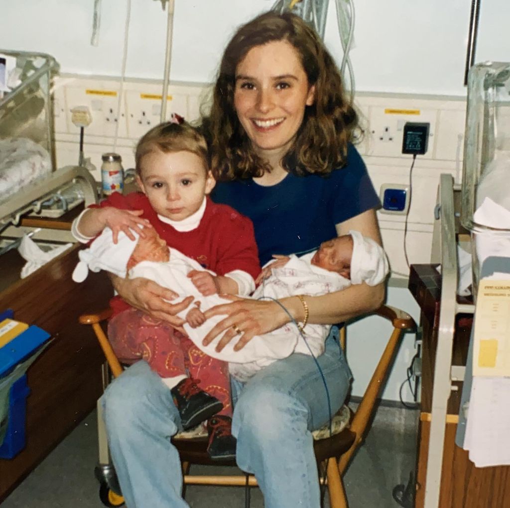 Tana Ramsay holding daughter Megan and twins Jack and Holly as babies